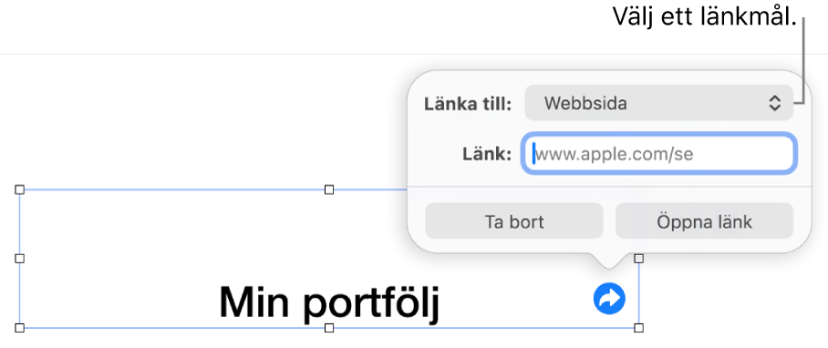 Länkredigerarreglage med Webbsida markerat och knapparna Ta bort och Öppna länk längst ned.