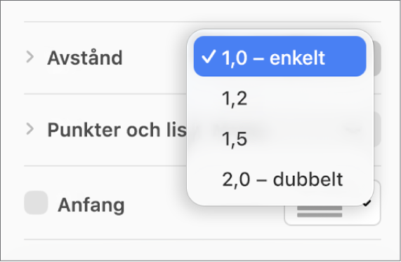 Popupmenyn Avstånd med Enkelt, Dubbelt och andra alternativ.