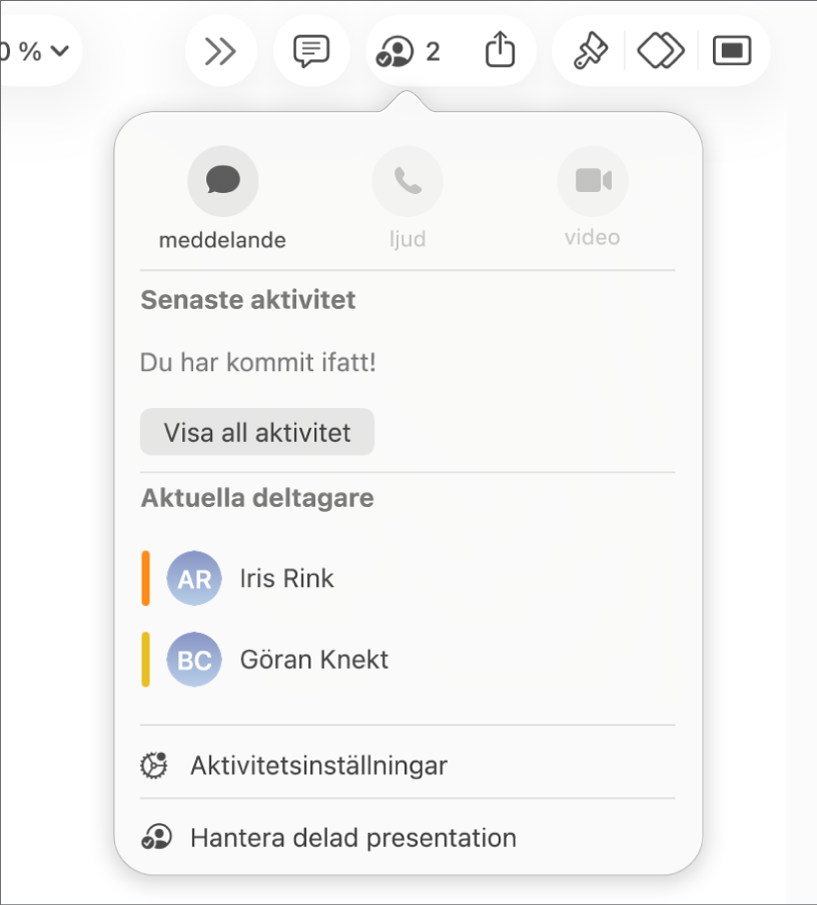 Samarbetsmenyn med namnen på de personer som samarbetar på en presentation.