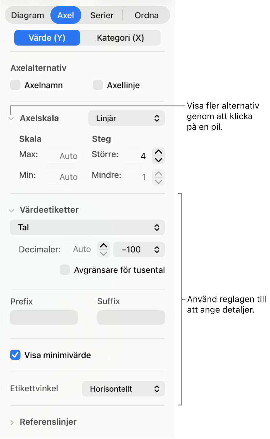Reglage för formatering av diagramaxelmarkeringar.