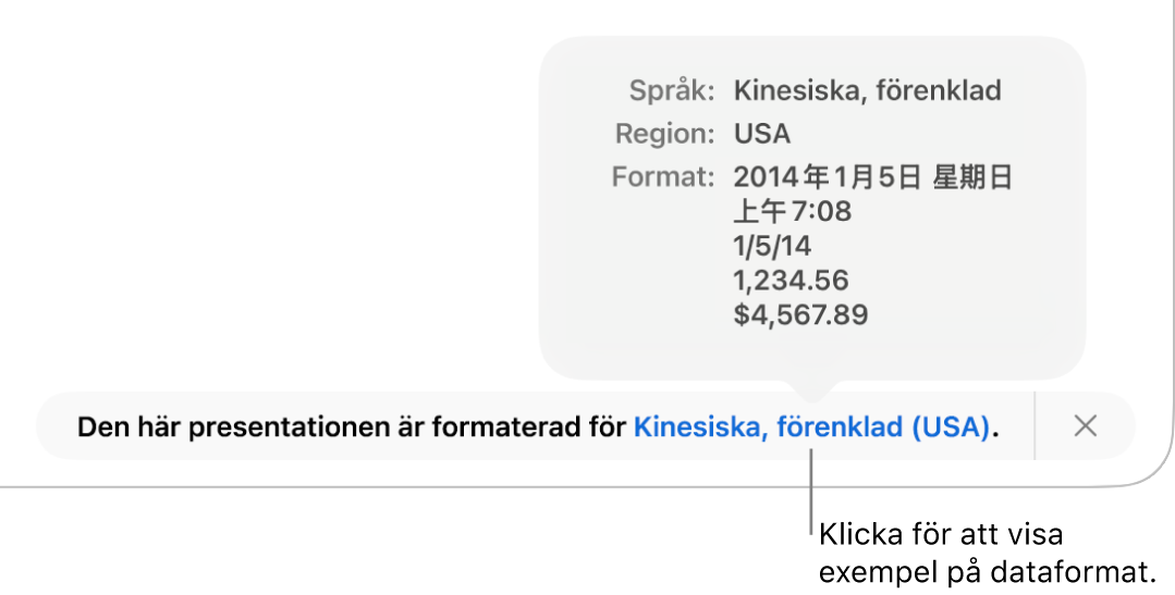 Meddelandet om olika språk- och regioninställningar samt exempel på formatering för det andra språket och den andra regionen.