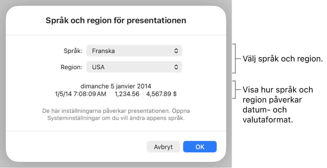 Panelen Språk och region med reglage för språk och region samt ett formatexempel med datum, tid, decimal och valuta.