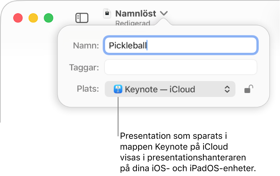 Dialogrutan Spara för en presentation med Keynote – iCloud i popupmenyn Plats.