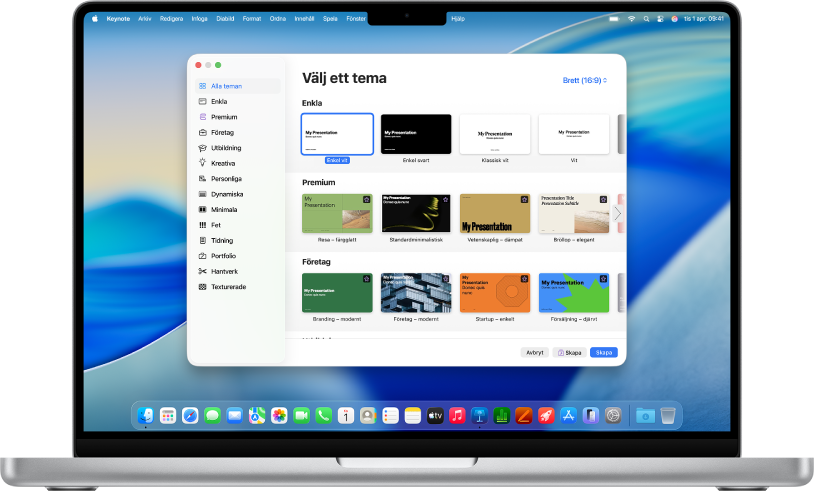 En MacBook Pro med Keynote-temaväljaren öppen på skärmen. Kategorin Alla teman är markerad till vänster och fördesignade teman ordnade i rader efter kategori visas till höger. Popupmenyn Språk och region finns i det nedre vänstra hörnet och popupmenyn Standard och Brett finns i det övre högra hörnet.