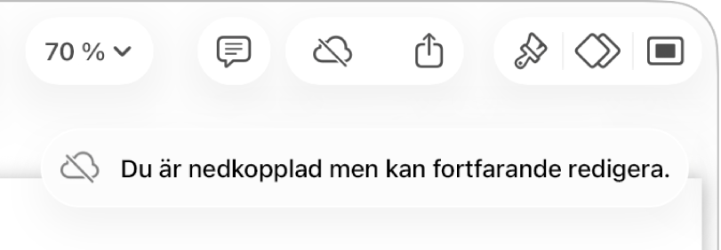 Knapparna överst på skärmen med knappen Samarbete ändrad till ett moln med ett diagonalt streck genom det. Ett meddelande på skärmen säger Du är nedkopplad men kan fortfarande redigera.