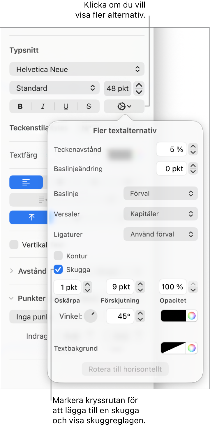 Avancerade alternativ är öppna med kryssrutan Skugga markerad och reglage för inställning av oskärpa, förskjutning, opacitet, vinkel och färg.