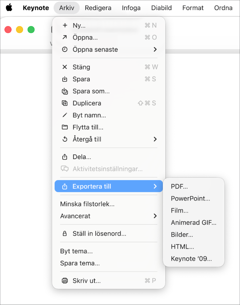 Öppen Arkiv-meny med Exportera till markerat. Undermenyn visar exportalternativ som PDF, PowerPoint och Film.