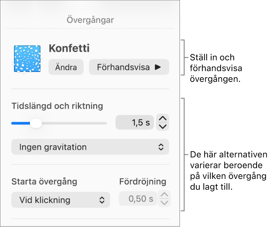 Övergångsreglage under Övergångar i sidofältet.