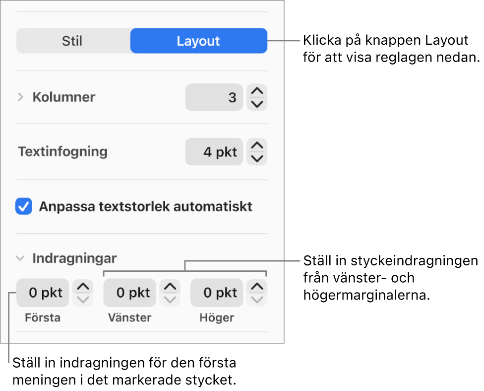 Avsnittet Layout i formatsidofältet med reglage för att ställa in första radens indrag och styckemarginaler.