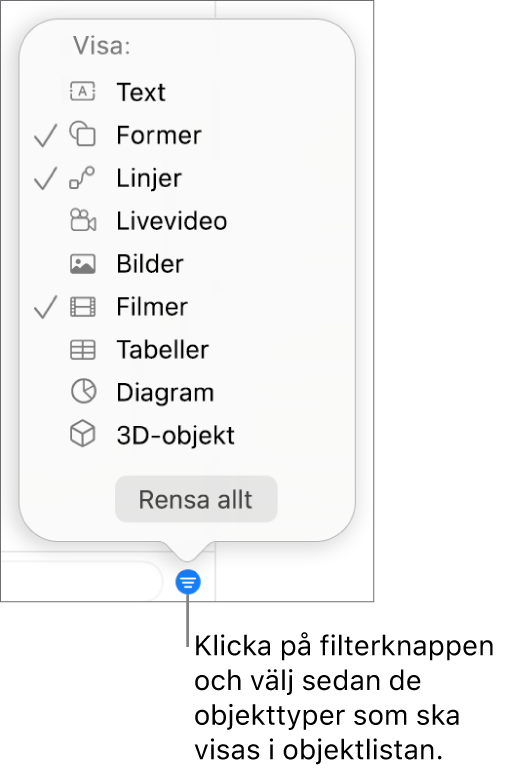 Popupmenyn Filter med en lista över de olika objekttyper som listan kan innehålla (text, former, linjer, bilder, filmer, tabeller och diagram).