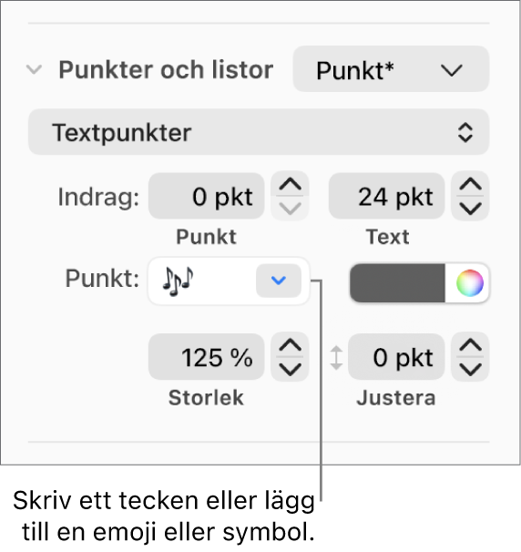 Avsnittet Punkter och listor i formatsidofältet. Fältet Punkt visar en blomemoji.