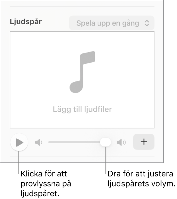 Ljudspårsreglegen med streck till uppspelningsknappen och volymreglaget.