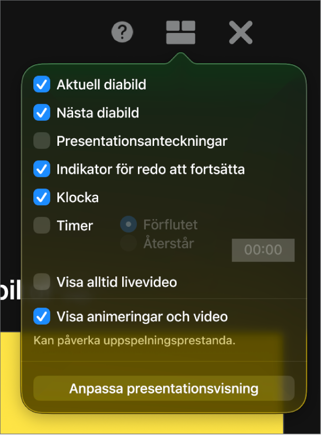 Alternativen för presentatörsskärmen, som den aktuella diabilden, nästa diabild, presentationsanteckningarna, indikatorn för redo att fortsätta, klockan och timern. Timern kan ställas in så att den antingen visar förfluten tid eller återstående tid.