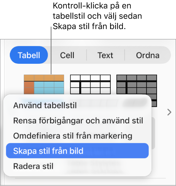 Kontextmenyn för tabellstilar.