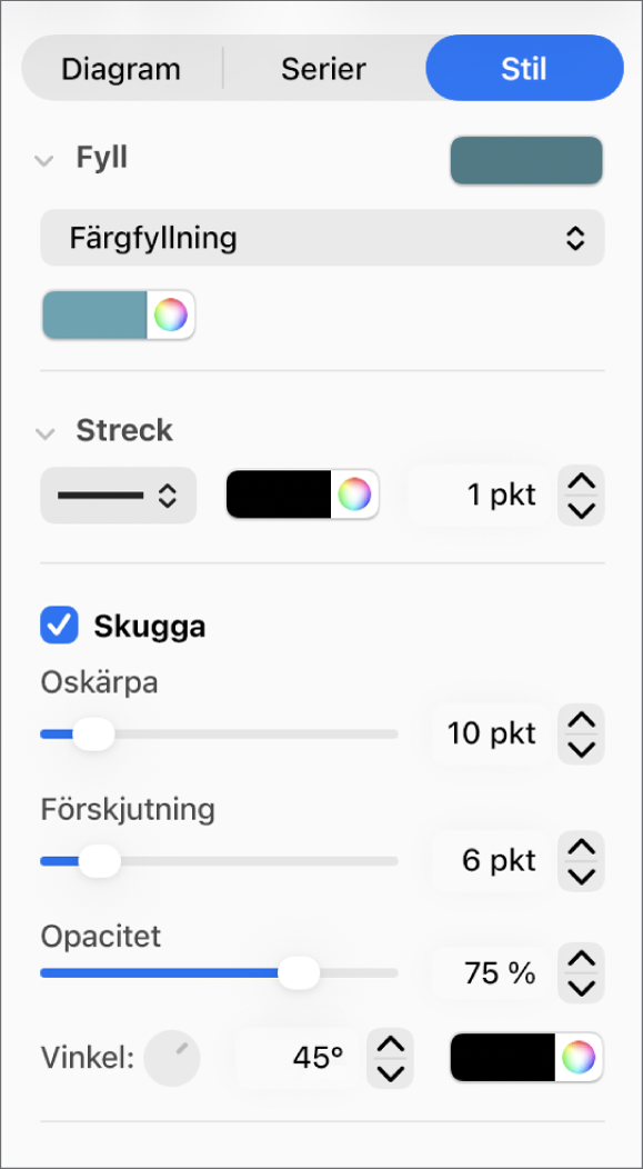Reglage i sidofältet för att ändra utseendet på trendlinjer.