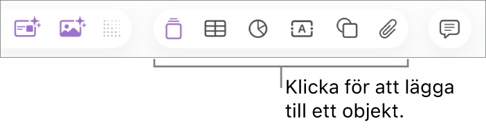Verktygsfältet i Keynote med knappar som används till att lägga till ett objekt på en diabild.