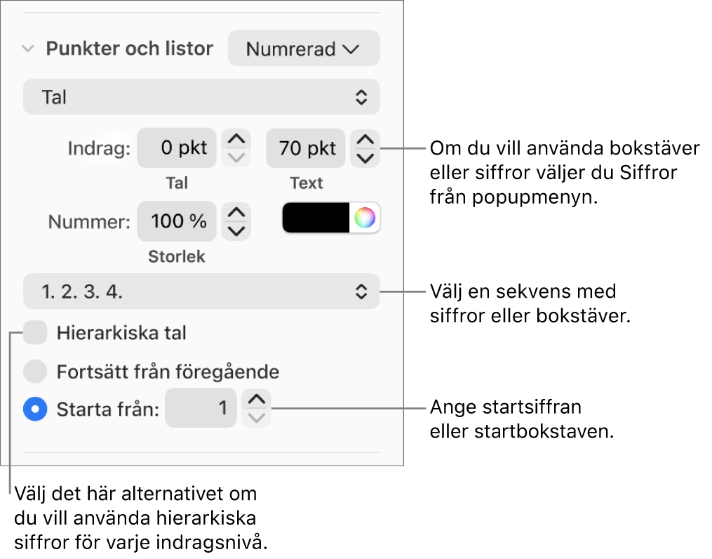 Reglage för att ändra numreringsstilen och avstånd i listor.