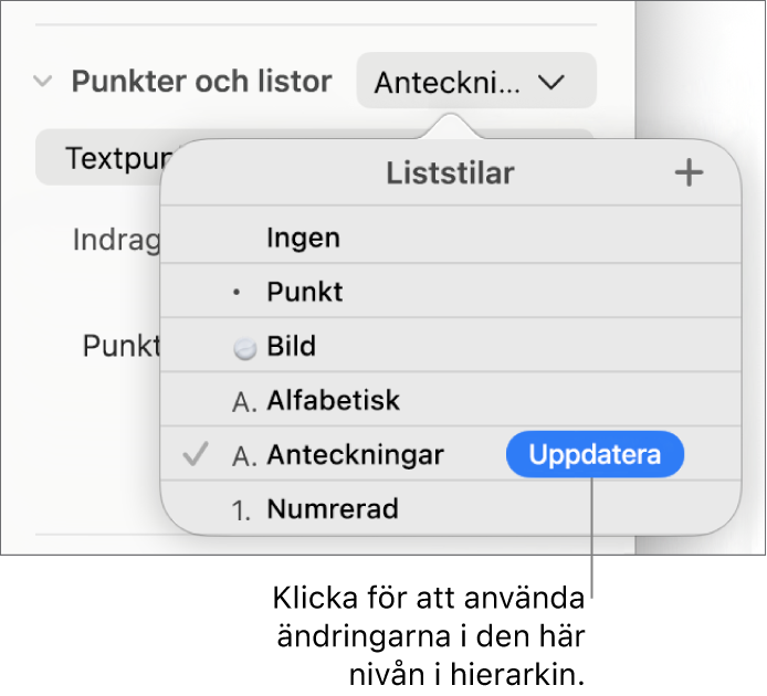 Popupmenyn Liststilar med knappen Uppdatera bredvid namnet på den nya stilen.
