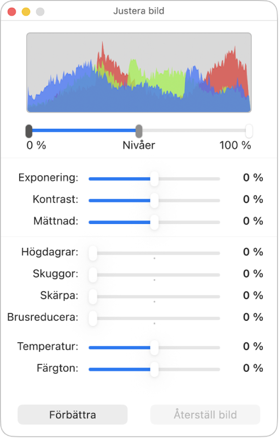 Fönstret Justera bild med reglage för exponering, kontrast, mättnad, högdagrar, skuggor, skärpa, brusreducering, temperatur och nyans.