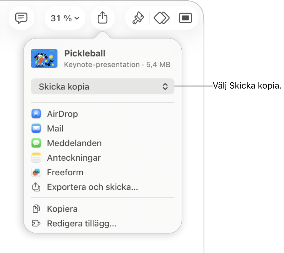 Delningsmenyn med Skicka kopia markerat högst upp.