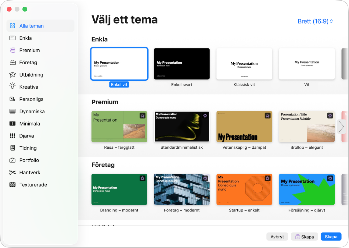 Temaväljaren. Ett sidofältet till vänster innehåller en lista med temakategorier som du kan klicka på för att filtrera alternativen. Till höger finns miniatyrer med fördesignade teman som är arrangerade i rader efter kategori.