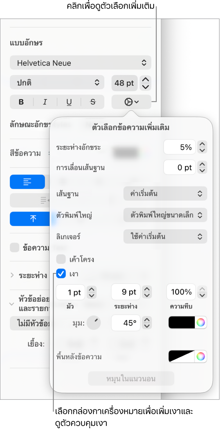 เมนูตัวเลือกขั้นสูงจะเปิดขึ้นโดยเลือกกล่องกาเครื่องหมายเงาไว้อยู่ และมีตัวควบคุมสำหรับตั้งค่าความมัว ออฟเซต ความทึบ มุม และสี