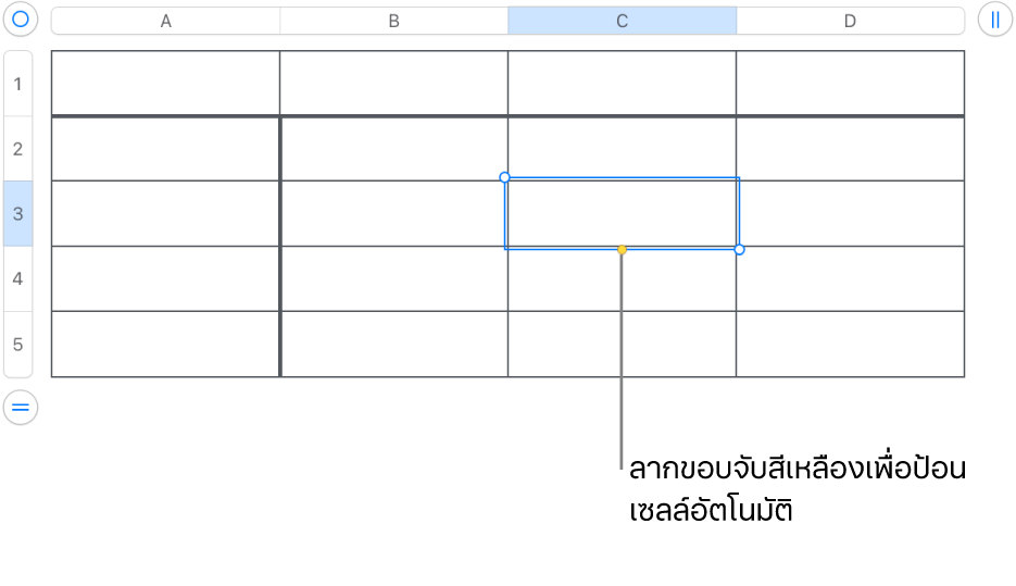 เซลล์ที่เลือกที่มีขอบจับสีเหลือง ซึ่งคุณสามารถลากเพื่อป้อนเซลล์อัตโนมัติได้