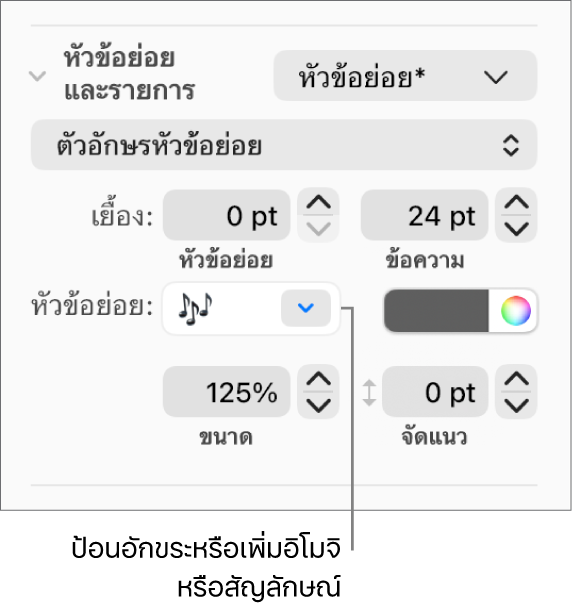 ส่วนสัญลักษณ์ย่อยและรายการของแถบด้านข้างรูปแบบ ช่องสัญลักษณ์หัวข้อย่อยแสดงอิโมจิดอกไม้