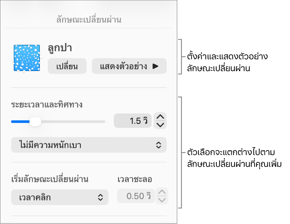ตัวควบคุมลักษณะเปลี่ยนผ่านในส่วนลักษณะเปลี่ยนผ่านของแถบด้านข้าง
