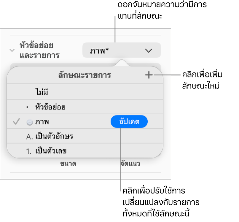 เมนูลักษณะรายการที่แสดงขึ้นที่มีเครื่องหมายดอกจันซึ่งบ่งบอกถึงการเขียนทับ คำอธิบายปุ่มลักษณะใหม่ และเมนูย่อยของตัวเลือกสำหรับจัดการลักษณะ