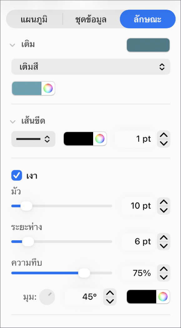 ตัวควบคุมในแถบด้านข้างสำหรับเปลี่ยนรูปลักษณ์ของเส้นแนวโน้ม