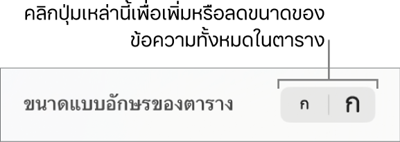 ตัวควบคุมในแถบด้านข้างสำหรับเปลี่ยนขนาดแบบอักษรของตาราง