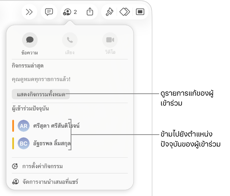 เมนูการใช้งานร่วมกันที่มีผู้เข้าร่วมปัจจุบันสองคนแสดงอยู่ในรายกา