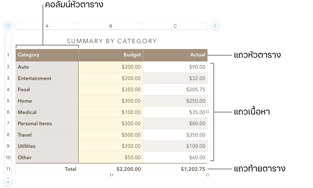 ตารางที่แสดงแถวและคอลัมน์หัวตาราง ตัวตาราง และท้ายตาราง และขอบจับเพื่อเพิ่มหรือลบแถวหรือคอลัมน์