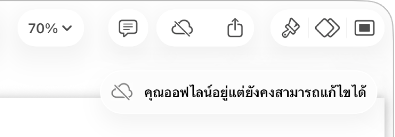ปุ่มต่างๆ ด้านบนสุดของหน้าจอ ซึ่งมีปุ่มการใช้งานร่วมกันที่เปลี่ยนเป็นรูปเมฆที่มีเส้นทแยงมุมทะลุผ่าน การเตือนบนหน้าจอแจ้งว่า “คุณออฟไลน์อยู่แต่ยังคงสามารถแก้ไขได้”