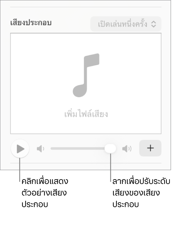 ตัวควบคุมเสียงประกอบ โดยที่ปุ่มเล่นและแถบเลื่อนระดับเสียงถูกเรียกใช้