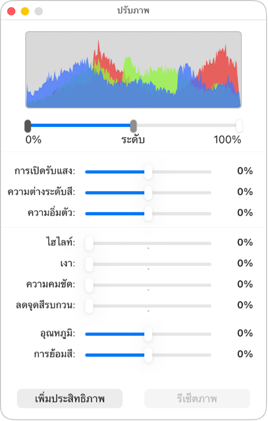 หน้าต่างปรับภาพที่มีตัวเลื่อนเพื่อตั้งค่าการเปิดรับแสง ความต่างระดับสี ความอิ่มตัว ไฮไลท์ เงา ความชัด ลดนอยซ์ อุณหภูมิ และสีอ่อน