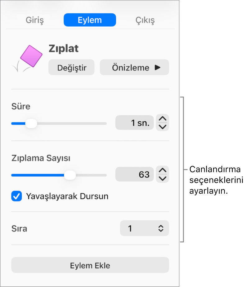 Kenar çubuğunun Canlandırma bölümündeki Eylem denetimleri.