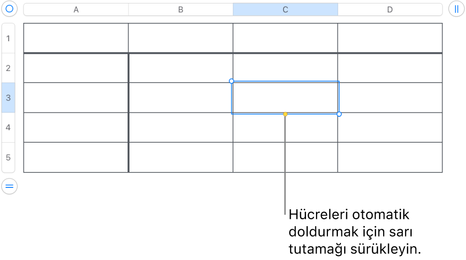 Hücreleri otomatik doldurmak için sürükleyebileceğiniz bir sarı tutamağı olan seçili hücre.