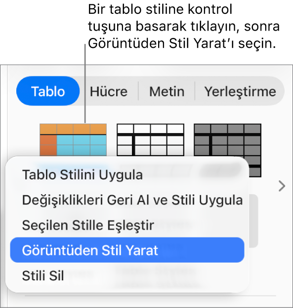 Tablo stili kestirme menüsü.