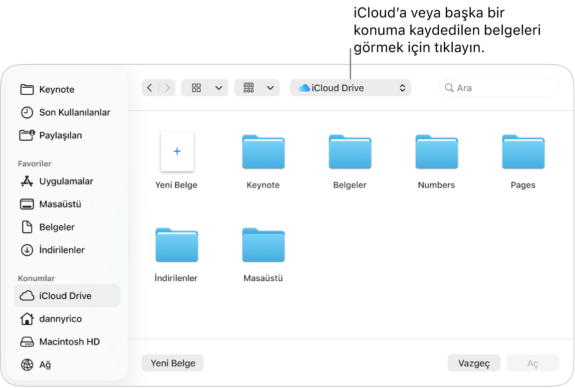 Solda kenar çubuğu açık şekilde Aç sorgu kutusu ve en üstteki açılır menüde iCloud Drive seçili. Keynote, Numbers ve Pages için klasörler, Yeni Belge düğmesiyle birlikte sorgu kutusunda belirir.