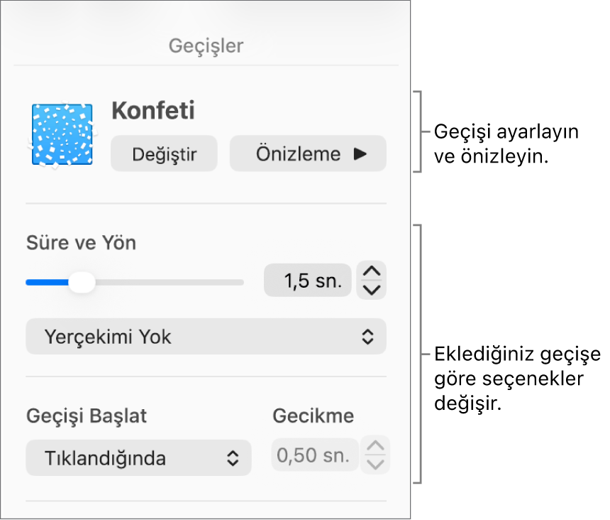 Kenar çubuğunun Geçişler bölümündeki geçiş denetimleri.