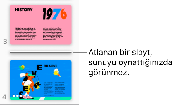 Yatay bir çizgiyle gösterilen atlanmış bir slaytı bulunan slayt kılavuzu.