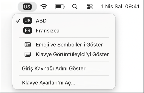 Giriş menüsü menü çubuğunun sağ üst köşesinde bulunur.