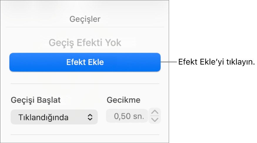 Kenar çubuğunun Canlandırma bölümündeki Efekt Ekle düğmesi.