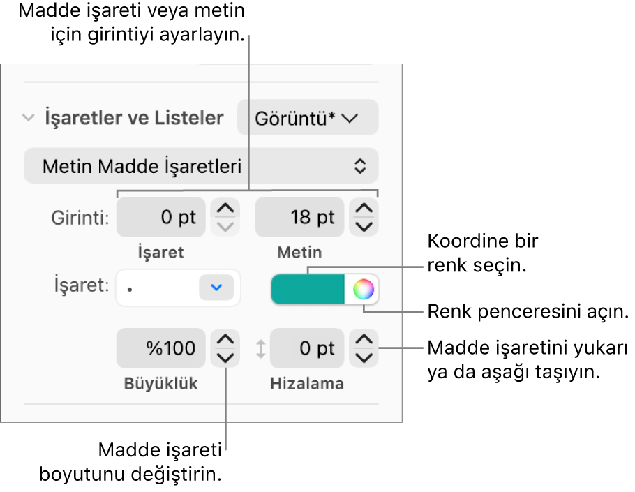 Madde işareti ve metin girintisi, madde işareti rengi, madde işareti büyüklüğü ve hizalaması için denetim belirtimlerini içeren İşaretler ve Listeler bölümü.