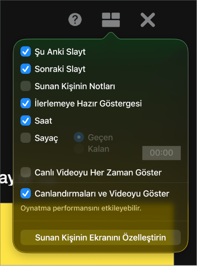 Şu Anki Slayt, Sonraki Slayt, Sunan Kişinin Notları, İlerlemeye Hazır Göstergesi, Saat ve Sayaç da dahil olmak üzere sunan kişinin ekranı seçenekleri. Sayaçta, geçen zamanı veya kalan zamanı göstermek için ek seçenekler vardır.