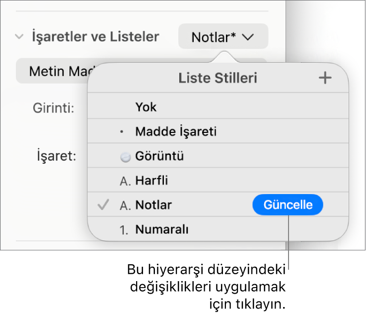 Yeni stilin adının yanında Güncelleme düğmesi olan Liste Stilleri açılır menüsü.