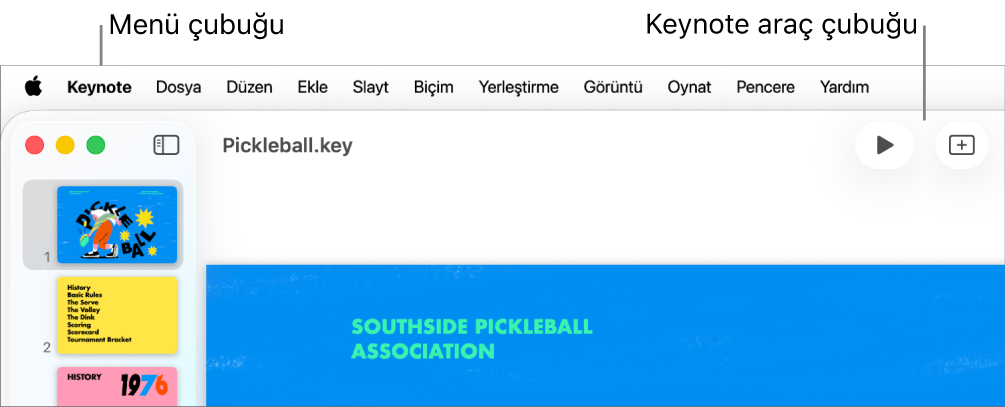 Elma menüsü, Keynote, Dosya, Düzen, Ekle, Biçim, Yerleştirme, Görüntü, Oynat, Paylaş, Pencere ve Yardım menüleriyle ekranın en üstündeki menü çubuğu. Menü çubuğunun altında, araç çubuğu düğmeleriyle açık bir Keynote sunusu var.