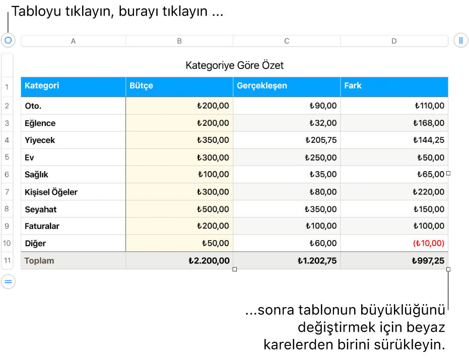 Yeniden boyutlandırma için beyaz kareleri bulunan seçili bir tablo.